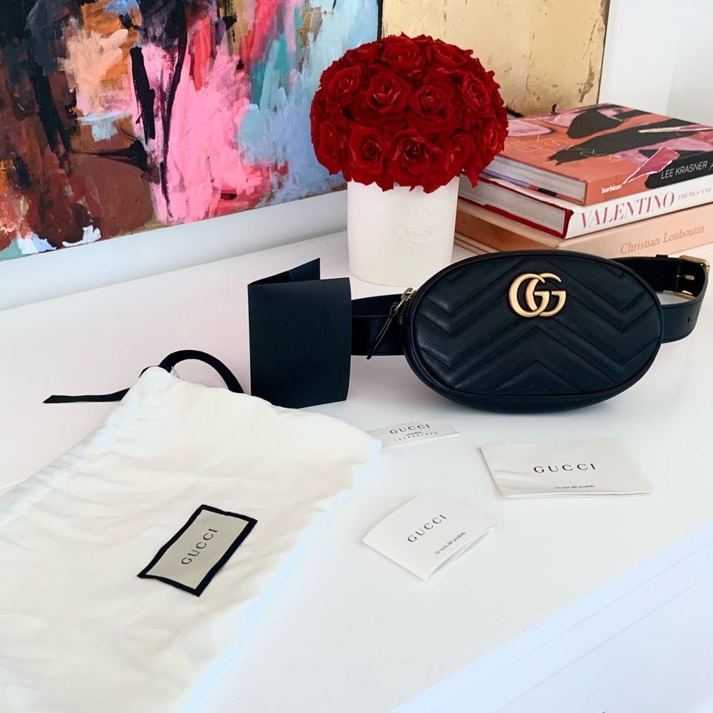 Gucci Black Quilted Leather GG Marmont Crossbody Belt Bag with Gold Hardware